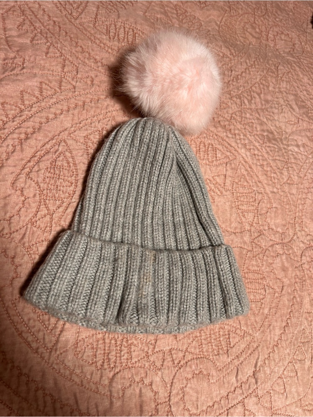 H&M Gray Knit Beanie with Pink Faux Fur Pom Pom